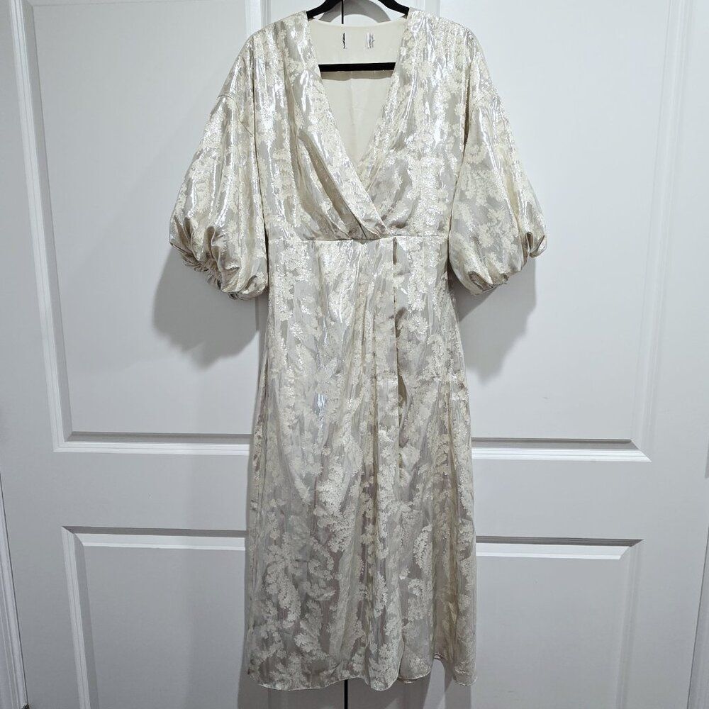 Tanya Taylor - 4 Ivory Mettalic Floral Puff Sleeves Midi‎ Dress